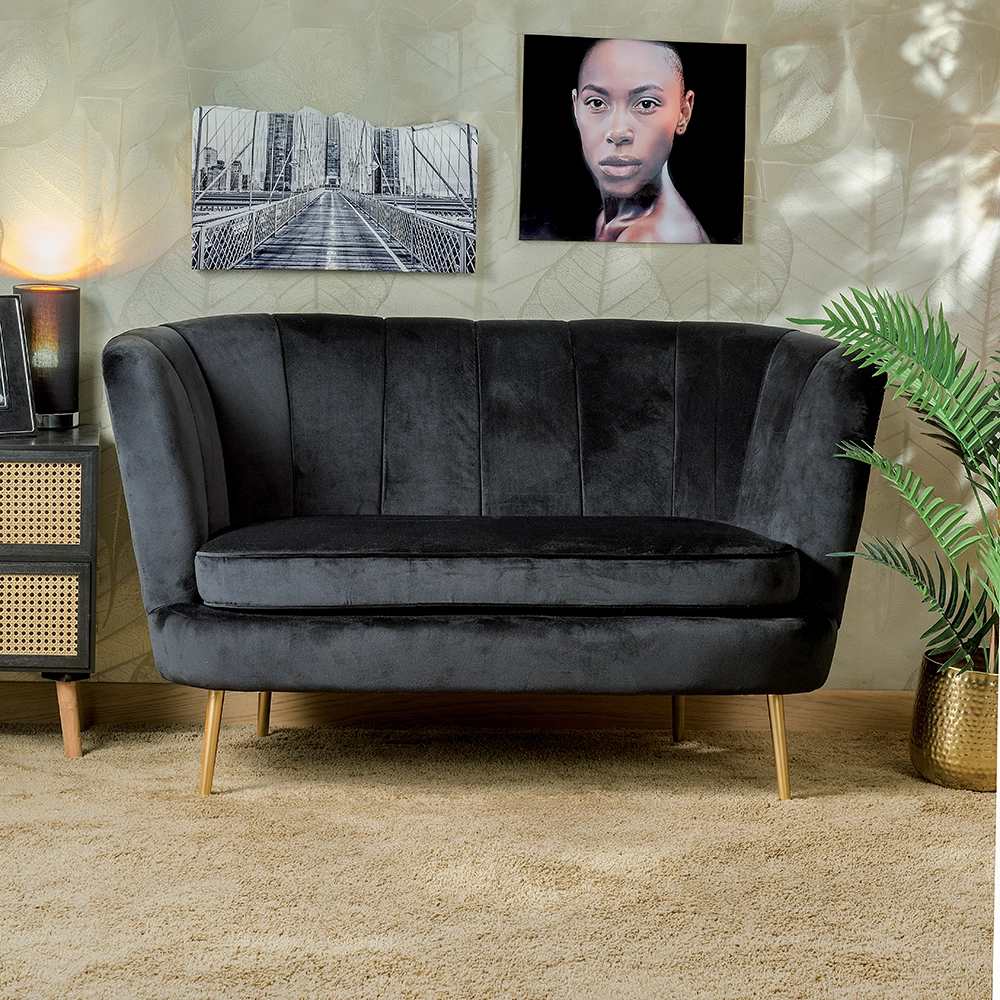 Grey velvet 2-seater sofa with a floating shadow effect for depth