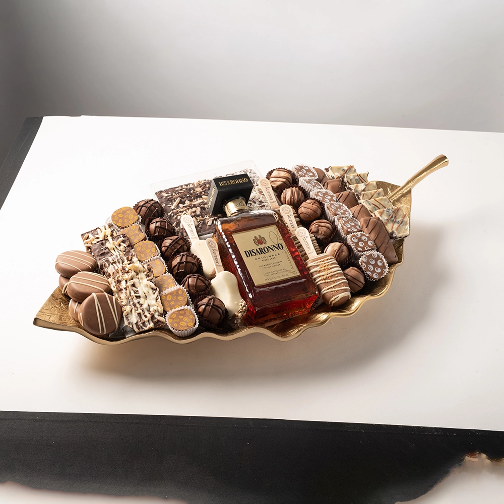 Gold leaf platter with gourmet items showing precise shadow and highlight adjustment