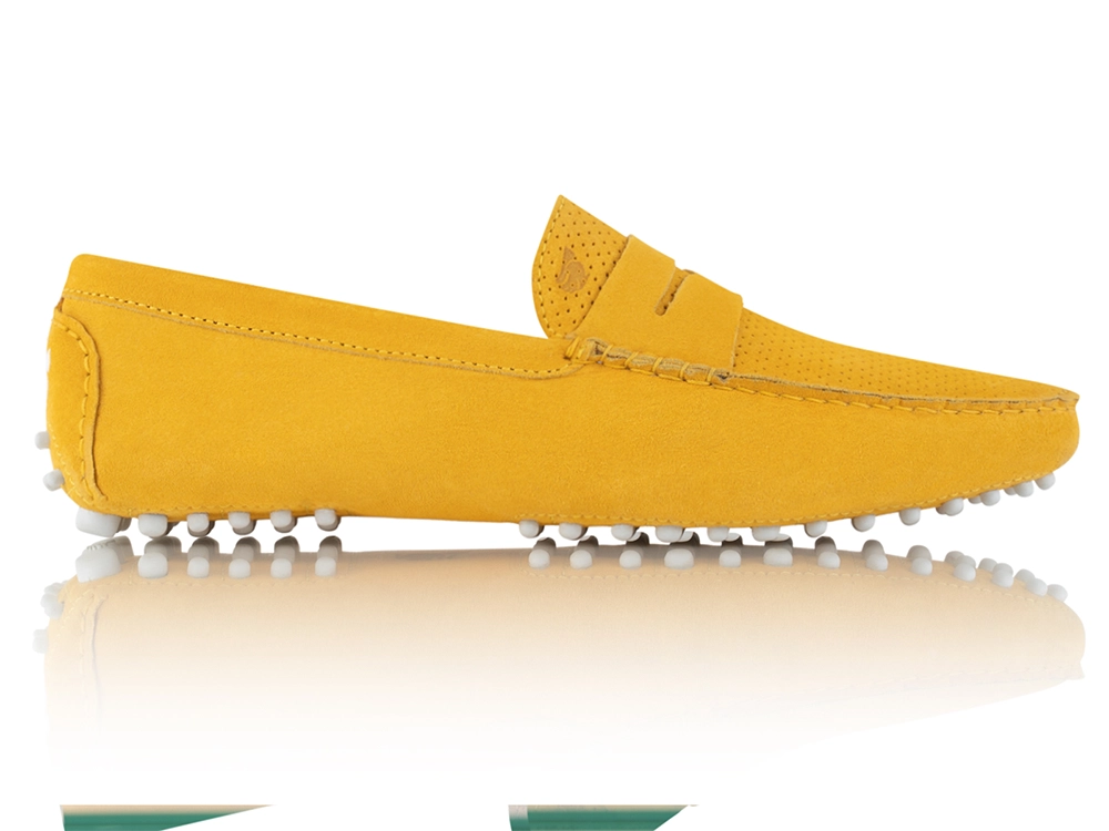 Yellow suede loafer with realistic shadow making for e-commerce