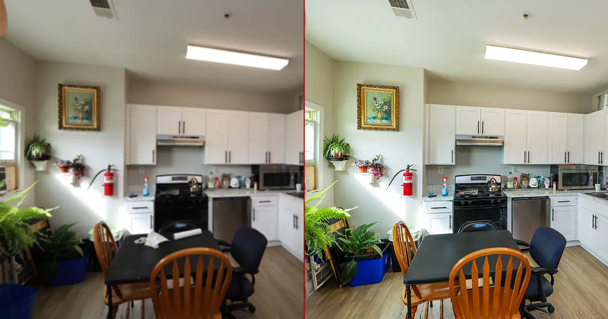 Kitchen and dining area before and after comparison showing enhanced lighting.