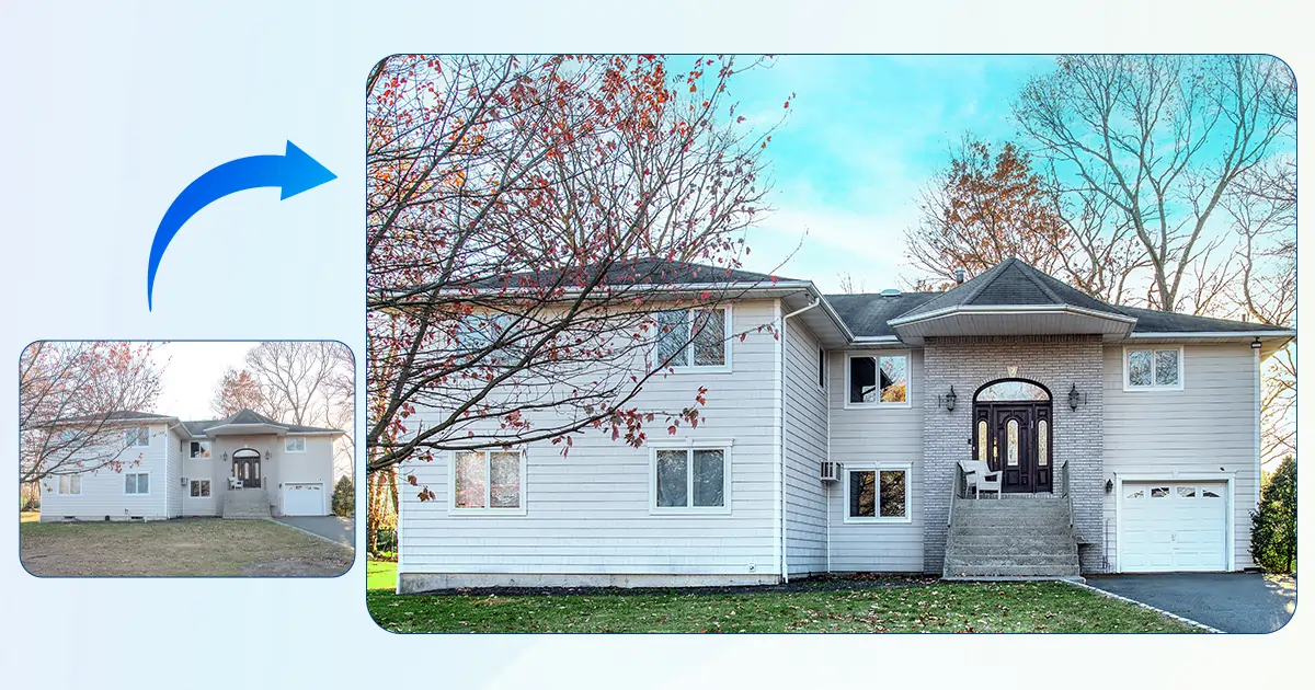 Before-and-after real estate photo of a house with sky replacement and color correction.