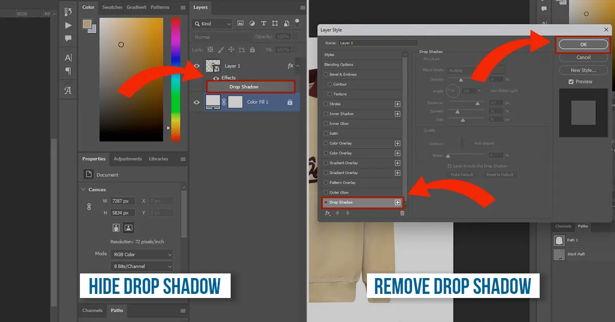 Hide or Remove the Drop Shadow
