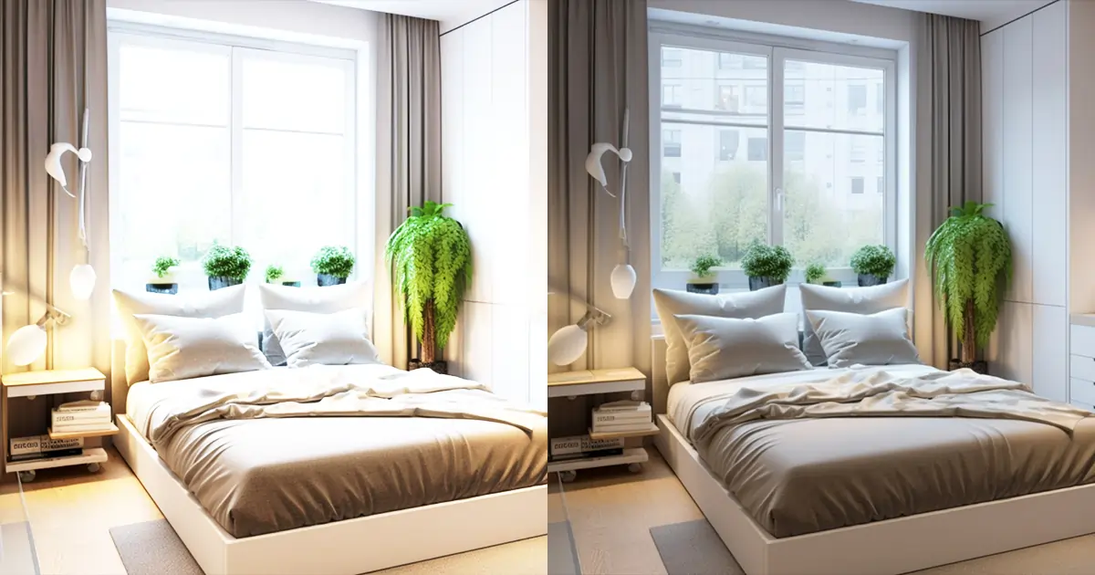 A modern bedroom with a cozy bed with white pillows, and green plants by the window