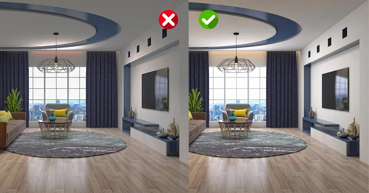 Side-by-side images of a modern living room showing poor lighting versus bright, well-lit lighting.