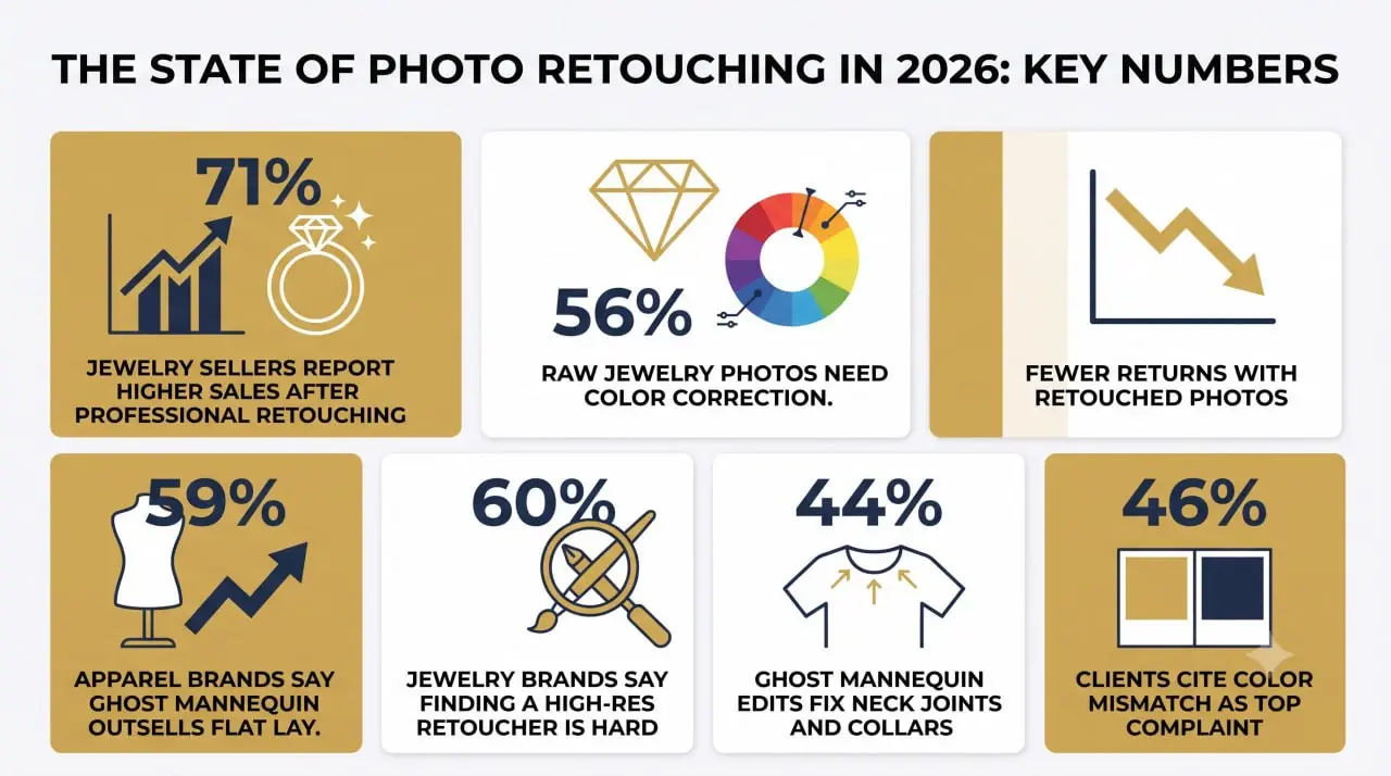 Photo retouching stats 2026: 71% higher jewelry sales, 56% needing color correction, 18% fewer returns