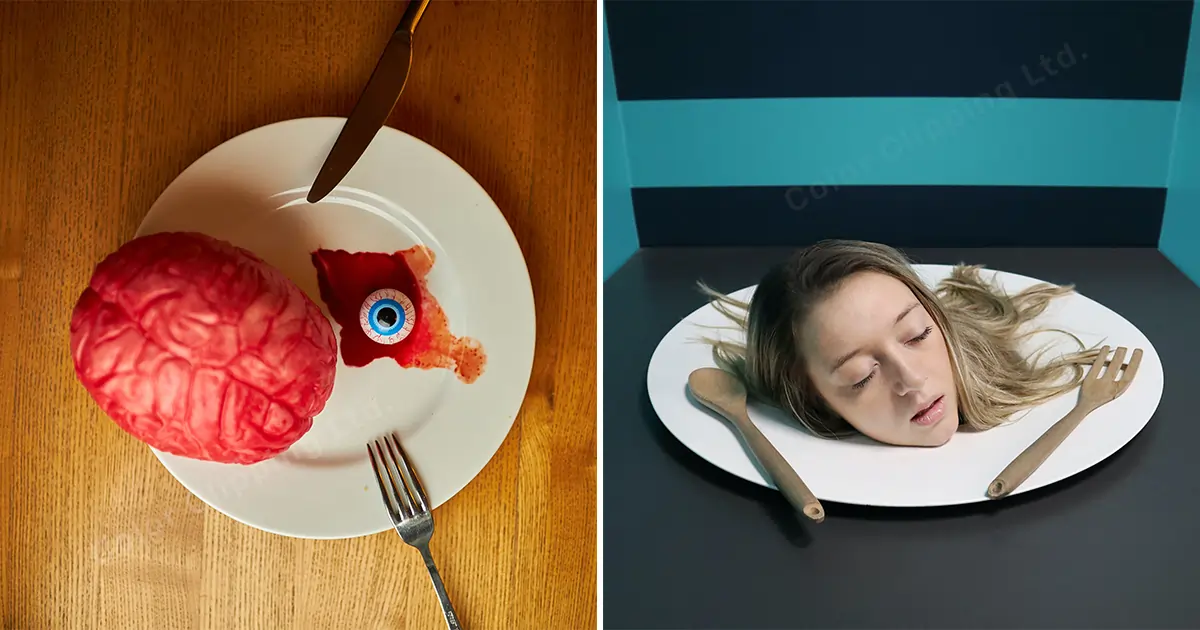 Menneskelig hode på en tallerken, gjør mat til menneskelige organer